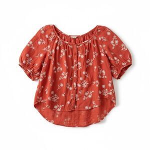 PILCRO Anthropologie 100% Cotton Babydoll Top Size Large Floral Pink Short Sleev